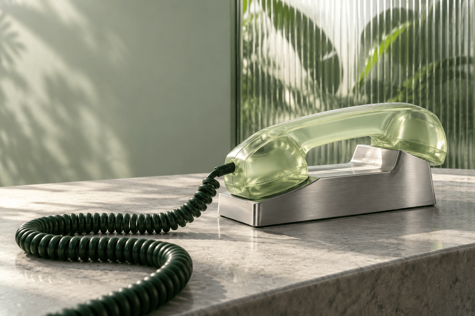 Original concept artwork of a translucent green telephone on a silver cradle in a sunlit front desk.